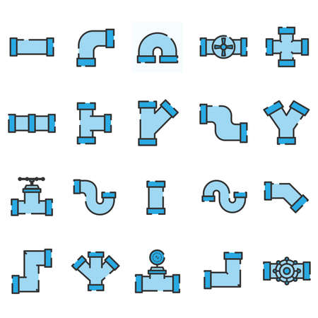 Set of plumbing pipe hardward icon. Construction connection technical pressure plumbing systems. Silhouette outline vector 640x640 pixels.のイラスト素材