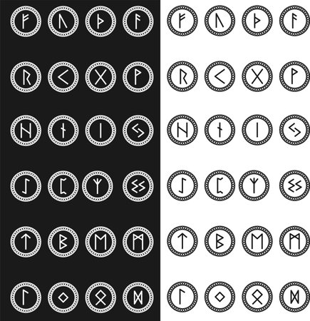 Set of related runic alphabets icon. Runes font symbol graphic. Ancient norse vector illustrator. Two tone black and white.のイラスト素材