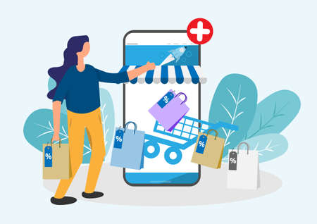 Shopping online. People order eCommerce. Web store application payment online. Digital online marketing with screen moblie transactions. Flat graphic design.のイラスト素材