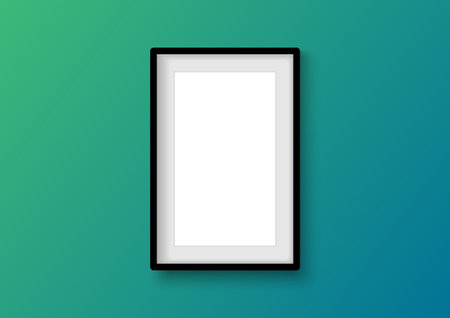 Vertical black photo frame object on gradient green color wall. Mock up for composition object with shadow. Realistic vertical isolated template. Vector illustrator.のイラスト素材