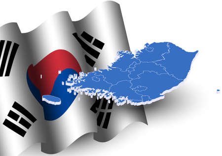 Korea wavy flag with isomatric map vector illustration. South Korea traditional isolated symbol.のイラスト素材