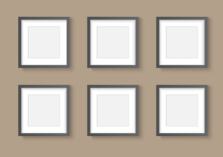 Photo image frame. Wall picture mock up for photograph composition grey border object on brown background with shadow. Vector illustrator.のイラスト素材