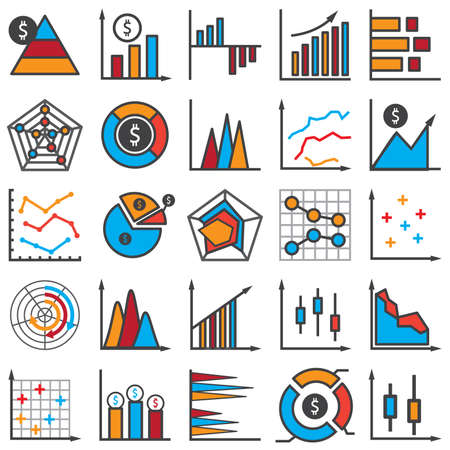 Set of business graph icon, Color object statistics finance presentation, Flat success report symbol vector.のイラスト素材