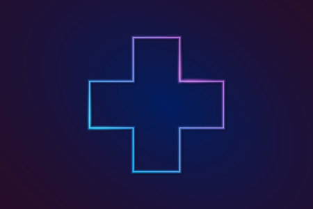 Neon color light plus symbol frame. Retro fluorescent  border. Object on gradient background vector. Neon line in graphic style.のイラスト素材