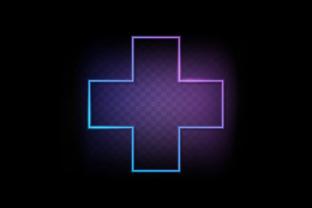 Neon color light plus symbol frame. Retro fluorescent  border. Object on transparency gradient background vector. Neon line in graphic style.のイラスト素材
