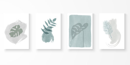 Set of botanical wall art painted Illustrations. Modern line art drawing with organic shape...