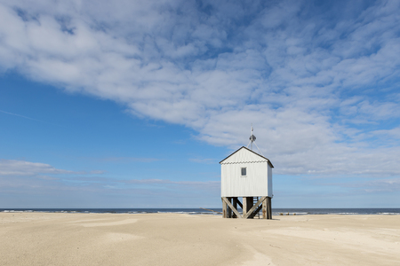 Famous authentic wooden beach hut for shelter, on the island of Terschelling in the Netherlands.の写真素材