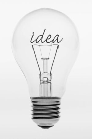 Old fashioned light bulb with the text idea formed by filaments in the crystal ballの写真素材