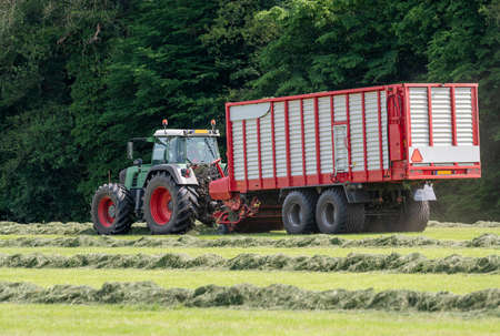 Picking up dried grass for silage with a green tractor and red loader wagon in the Netherlands