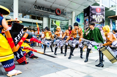 Bangkok - May 25   Cosplayer as characters from Attack on Titan in Oishi World Cosplay Fantastic 7  on May 25, 2013 at Central World, Bangkok, Thailand  Attack on Titan is a famous manga of the year 2013 のeditorial素材