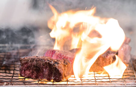 Miyazaki Beef Steak on the Grill with Flames 