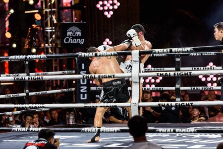 BANGKOK - DECEMBER 24 : Saiyok Pumphanmuang Windy Sport of Thailand and Youssef Boughanem of Belgium in THAI FIGHT 2016 on December 24, 2016 at Central World, Bangkok, Thailand.のeditorial素材
