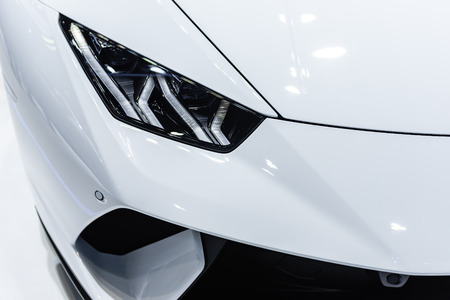 BANGKOK - NOVEMBER 28 : Headlight of The Lamborghini Huracan Performante on display at Thailand International Motor Expo 2018 on November 28, 2018 in Bangkok, Thailand.のeditorial素材