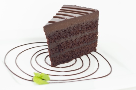 Slice of chocolate cake on white plateの写真素材