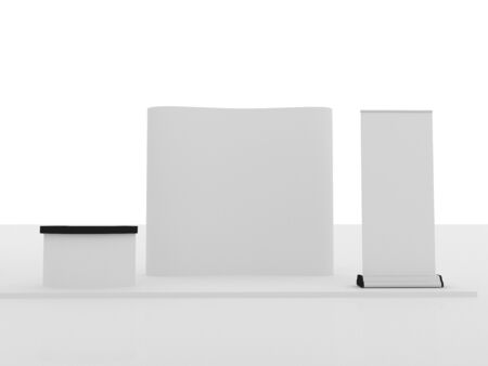 blank trade show booth exhibition on white backgroundの写真素材