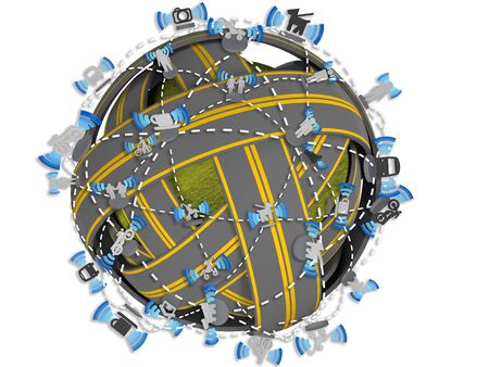 road on grass sphere with communication icon isolated on white background