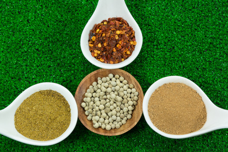 herb seasonings in ceramic spoon and wooden cup