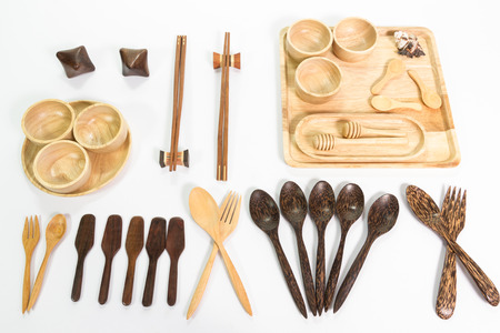 Wooden kitchen utensils on white backgroundの写真素材