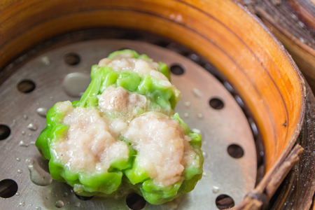 Chinese Dim Sum in bamboo steamerの写真素材