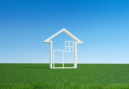 house symbol on green grass, 3D imageの写真素材
