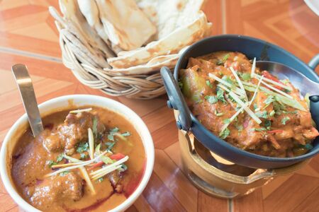 indian food  curry, nan , Sauce on the tableの写真素材