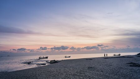 fishing boats on the sea in morning at samila beach, Thailandの写真素材