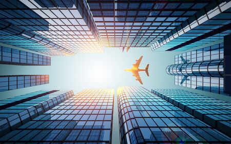 3D image render of city scene background with airplane