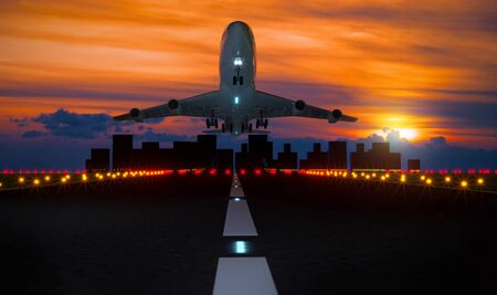 3D render image of airplane taking off runwayの写真素材