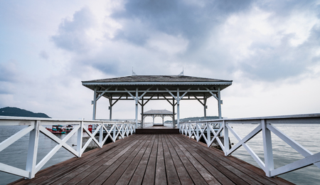 wood white bridge  in sea is the popular landmark at Srichang island,Chonburi Thailandの写真素材