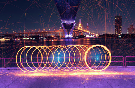 Long exposure image of steel wool photography at night
