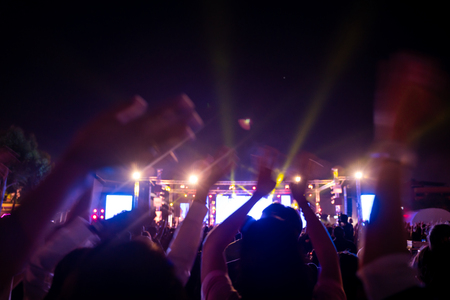Concert in the night with firework silhouettes of fanclub  show hand action.の写真素材