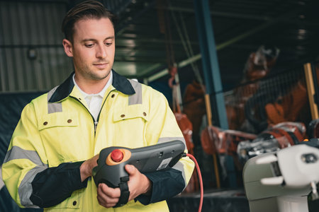 Engineer training with new robotics machine in Factory