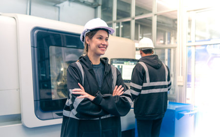 Engineering working in the robotics factoryの写真素材