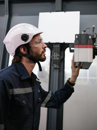 Engineering working in the robotics factoryの写真素材