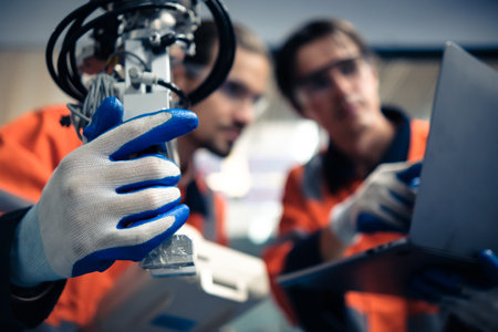 Multiracial tachnicial engineer training with robot arm machine in Robot machine factory workshop.