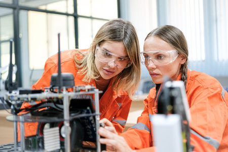 Multiracial tachnicial engineer training with robot arm machine in Robot machine factory workshop.の写真素材