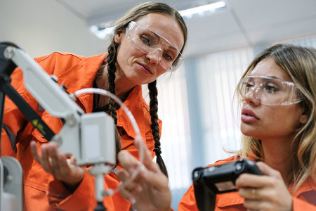 Multiracial tachnicial engineer training with robot arm machine in Robot machine factory workshop.の写真素材
