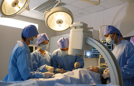 The medical team operated on the patient in the operating room of the hospital.の写真素材