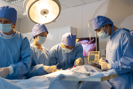 The medical team operated on the patient in the operating room of the hospital.の写真素材