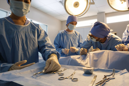 The medical team operated on the patient in the operating room of the hospital.の写真素材