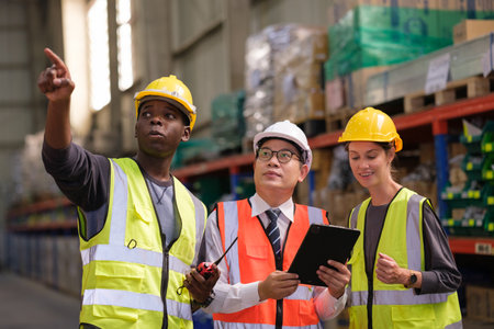 Group of Industrial worker working at warehose factory.の写真素材