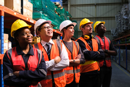 Group of Industrial worker working at warehose factory.