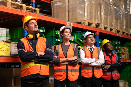 Group of Industrial worker working at warehose factory.