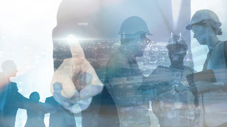 Double exposure Businessman and engineer working with technology,の写真素材