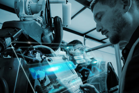 Multiracial tachnicial engineer training with robot arm machine in Robot machine factory workshop.
