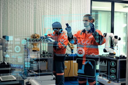Multiracial tachnicial engineer training with robot arm machine in Robot machine factory workshop.