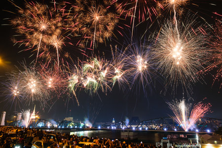Beautiful Fireworks at Chaopraya River Bangkok , Thailandの写真素材