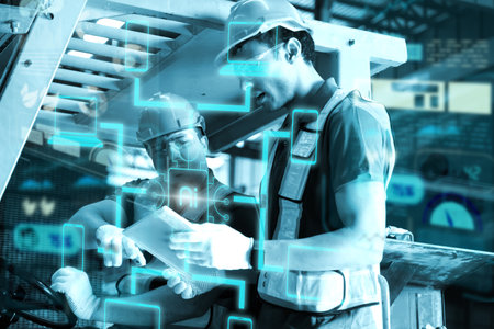 Team of  Engineers Use Tablet with visualize screen of the data statistic with ai technology in...