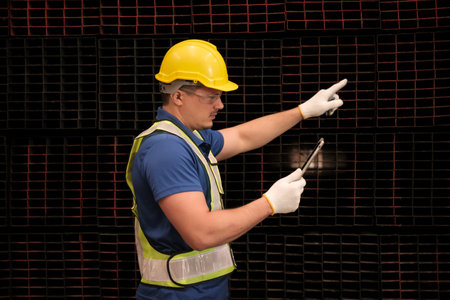 Portrait of Engineer with hardhat safetyglass protective suit.の写真素材