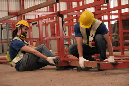 Engineers helping colleague has accident at work in the factory.